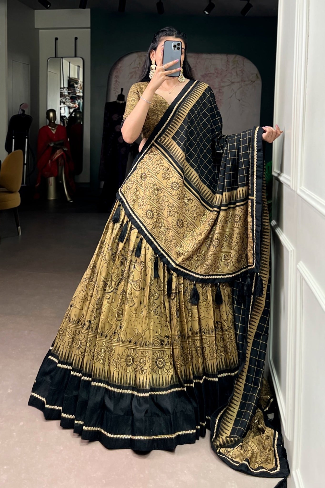 Festive Kalamkari Printed Tasar Silk Lehenga Choli With Dupatta
