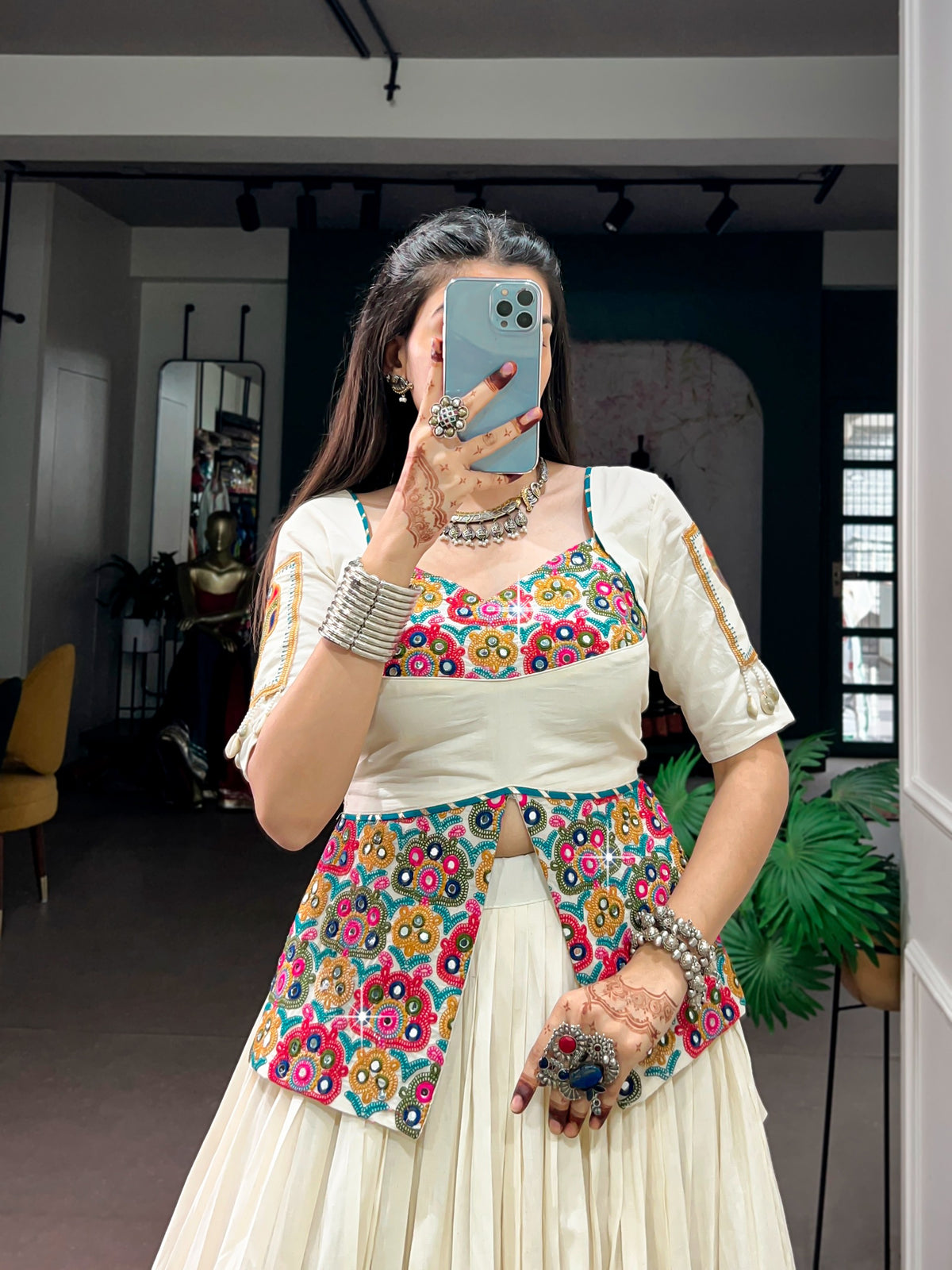 Off White Khadi Cotton Multicolor Gamthi Lehenga Set | Tulip Designer
