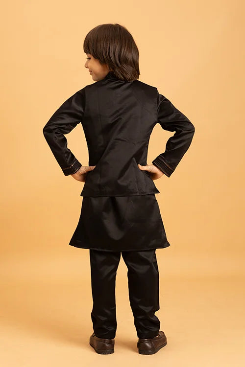 Traditional Black Mirror Work Koti Kurta Set for Boys