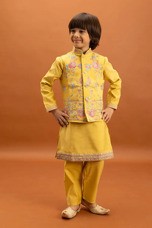 Haldi Celebration Kids Wear Yellow Kurta Pajama with Koti