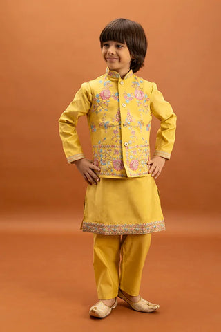 Haldi Celebration Kids Wear Yellow Kurta Pajama with Koti
