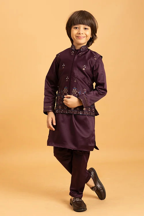 Purple Mirror Work Koti Kurta Set for Boys