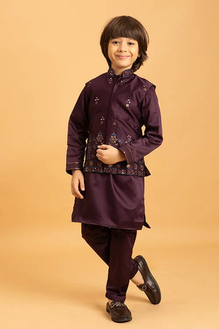 Purple Mirror Work Koti Kurta Set for Boys