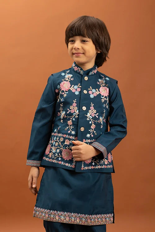 Bottle Green Kids Kurta Pajama with Koti Set