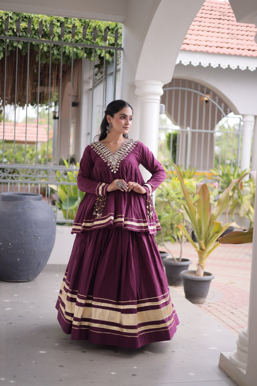 Navratri Kora Cotton Mirror Embroidered Lehenga Choli
