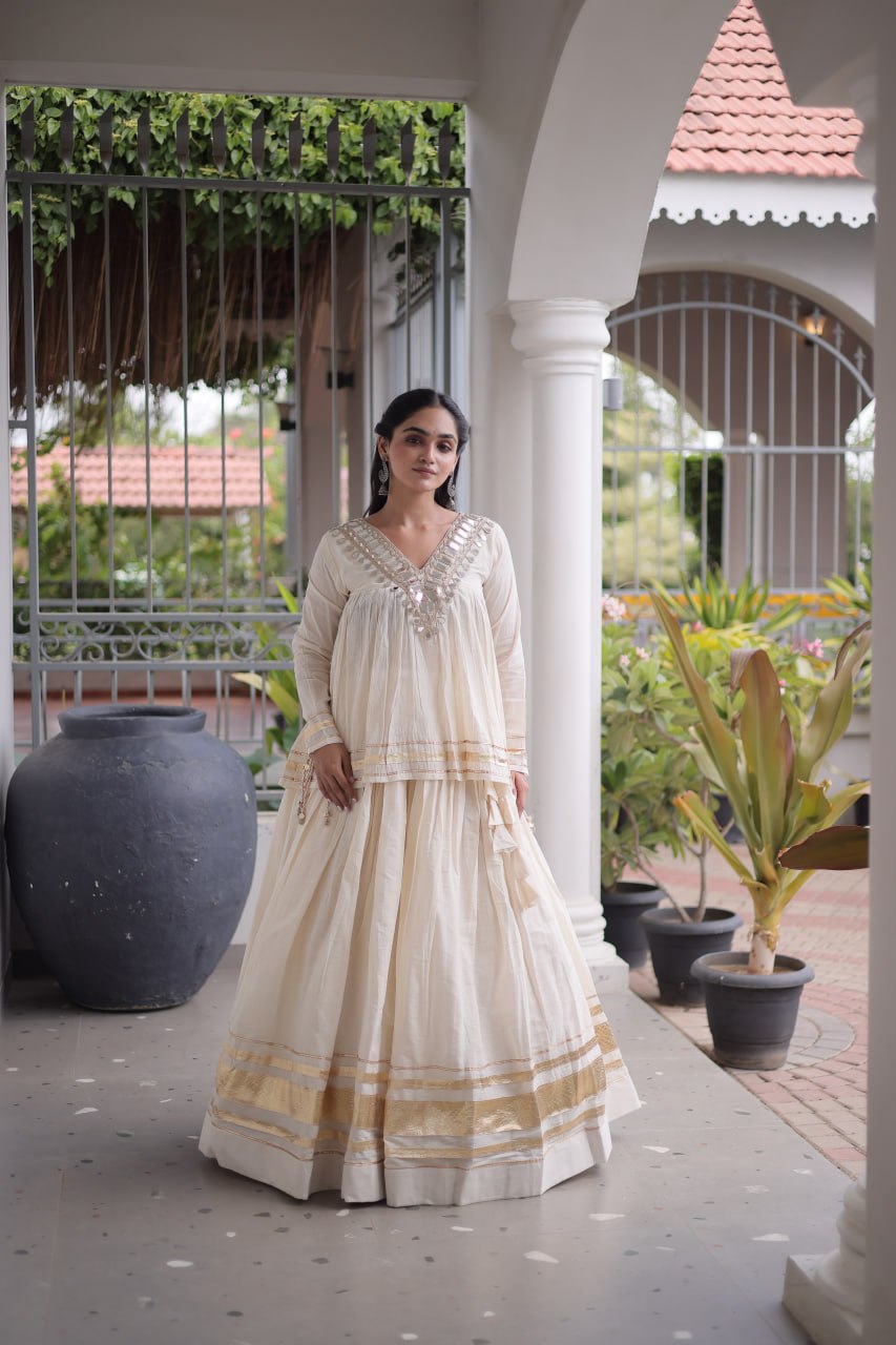 Navratri Kora Cotton Mirror Embroidered Lehenga Choli
