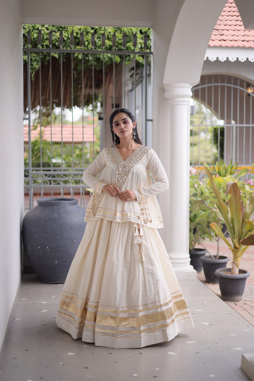 Navratri Kora Cotton Mirror Embroidered Lehenga Choli

