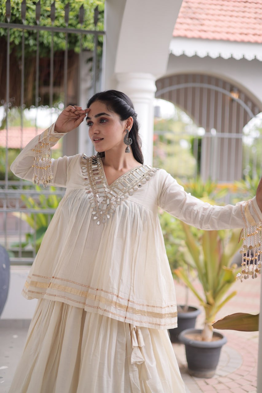 Navratri Kora Cotton Mirror Embroidered Lehenga Choli
