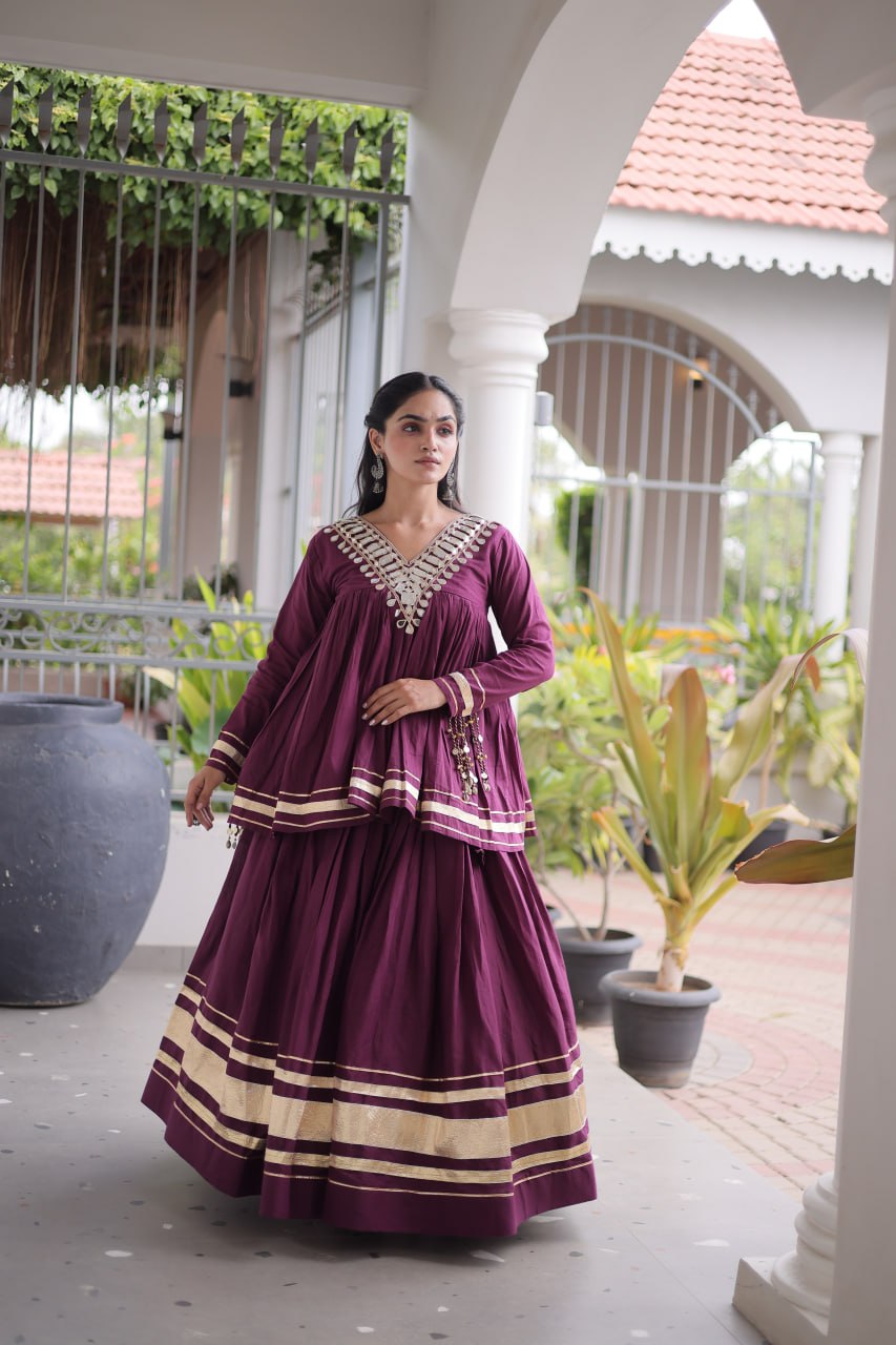 Navratri Kora Cotton Mirror Embroidered Lehenga Choli
