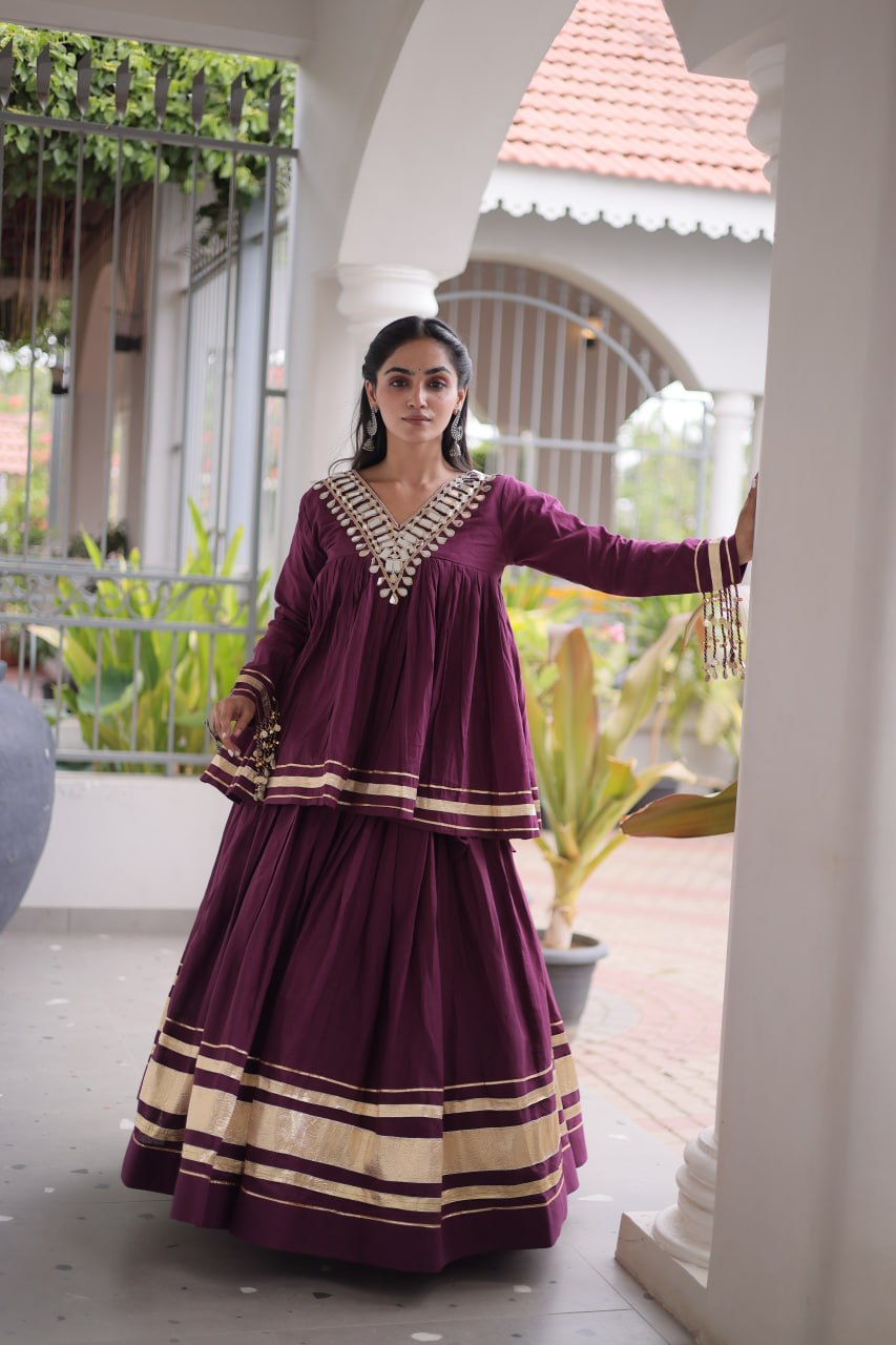 Navratri Kora Cotton Mirror Embroidered Lehenga Choli
