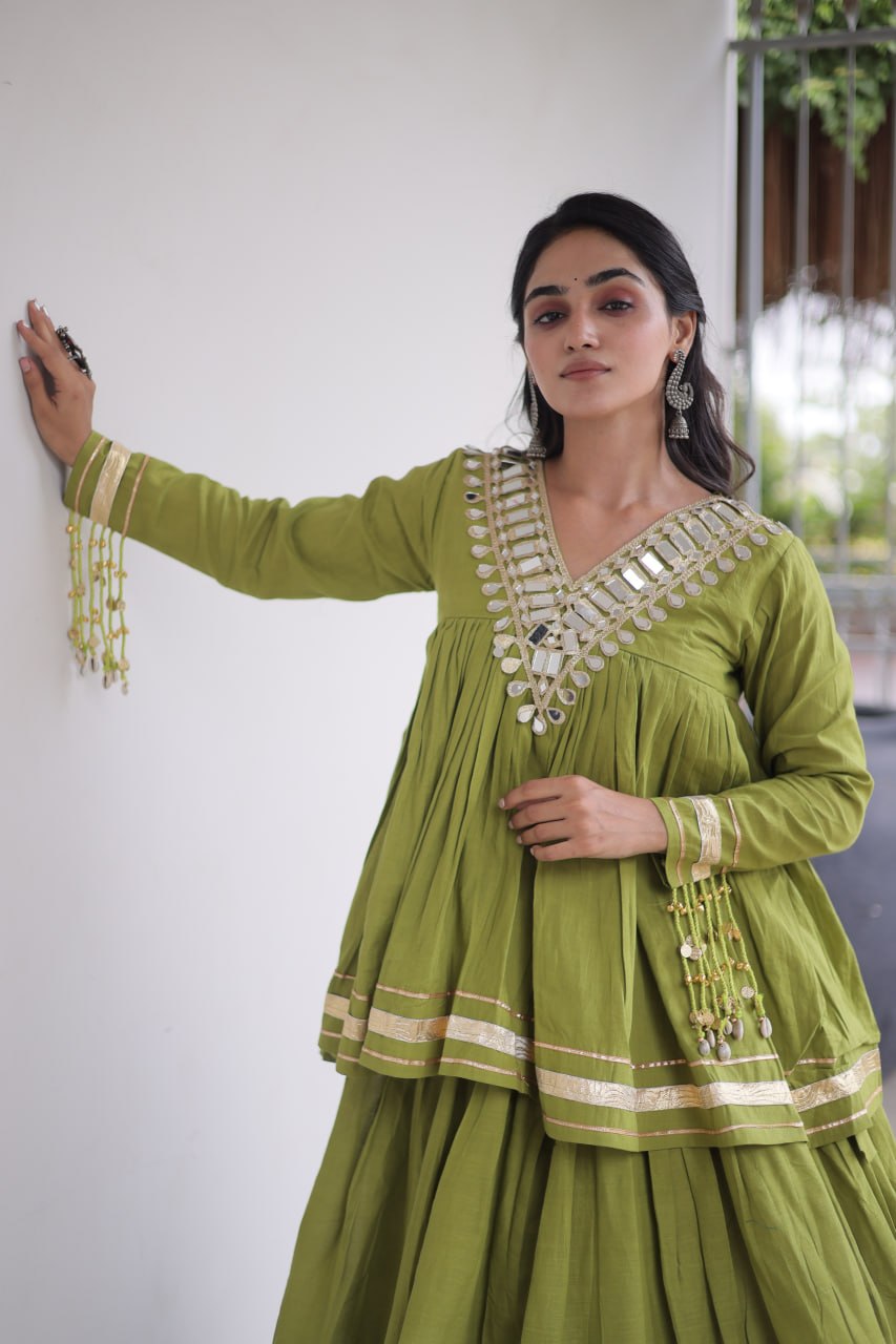 Navratri Kora Cotton Mirror Embroidered Lehenga Choli
