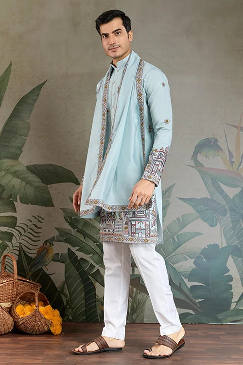 Traditional Sky Color Embroidered Kurta Pajama Set for Men