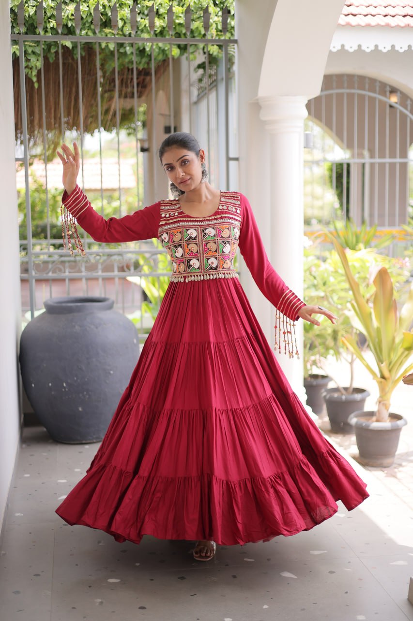 Classic Kutchi Gamthi Thread Work Ethnic Festival Gown
