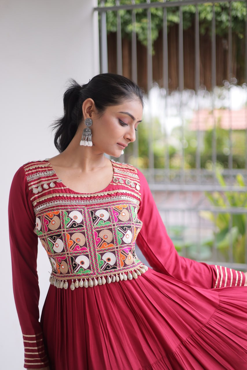 Classic Kutchi Gamthi Thread Work Ethnic Festival Gown
