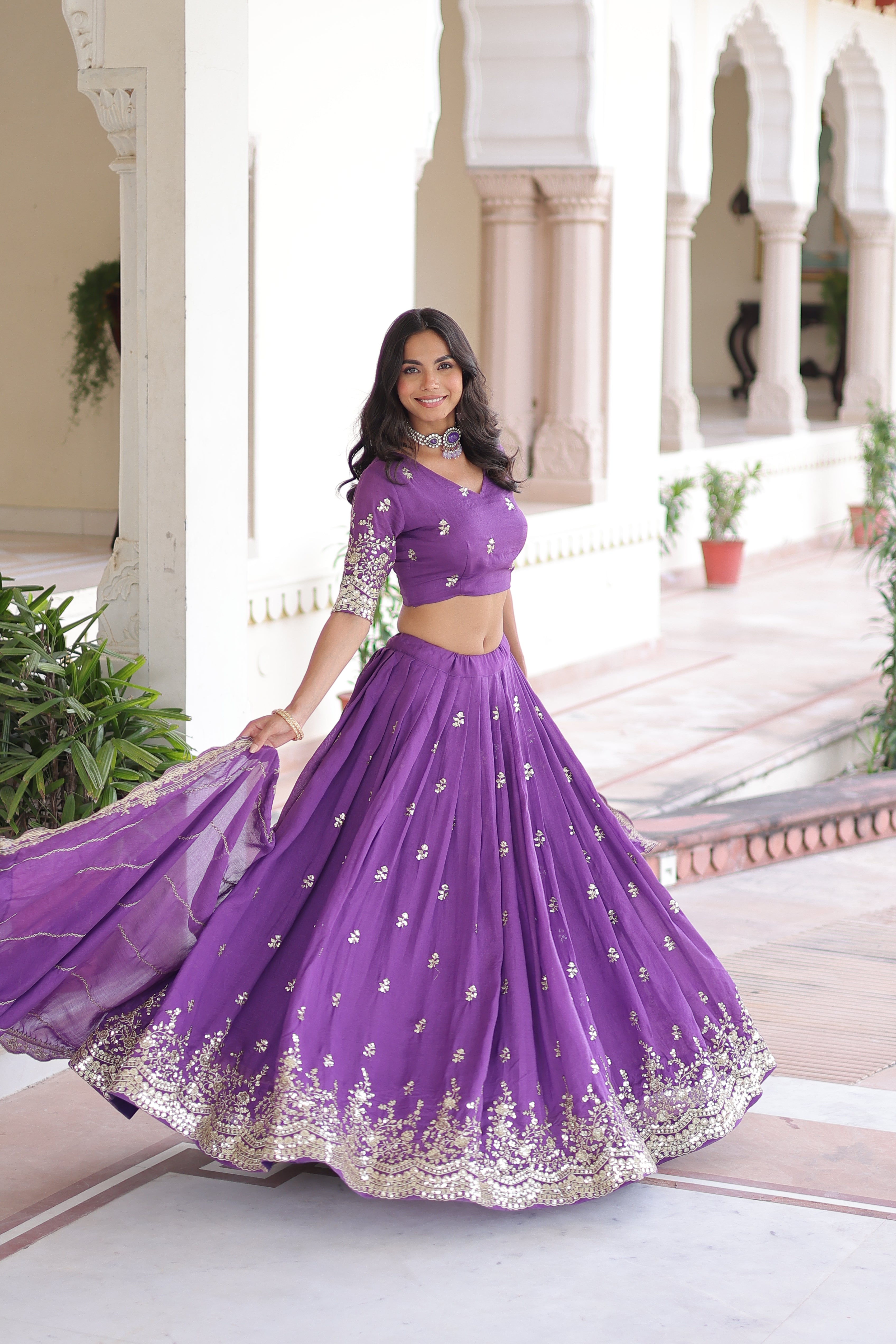 TILTON WEDDING SPECIAL VICHITRA SILK SEQUINS AND ZARI EMBROIDERED LEHENGA CHOLI WITH DUPATTA