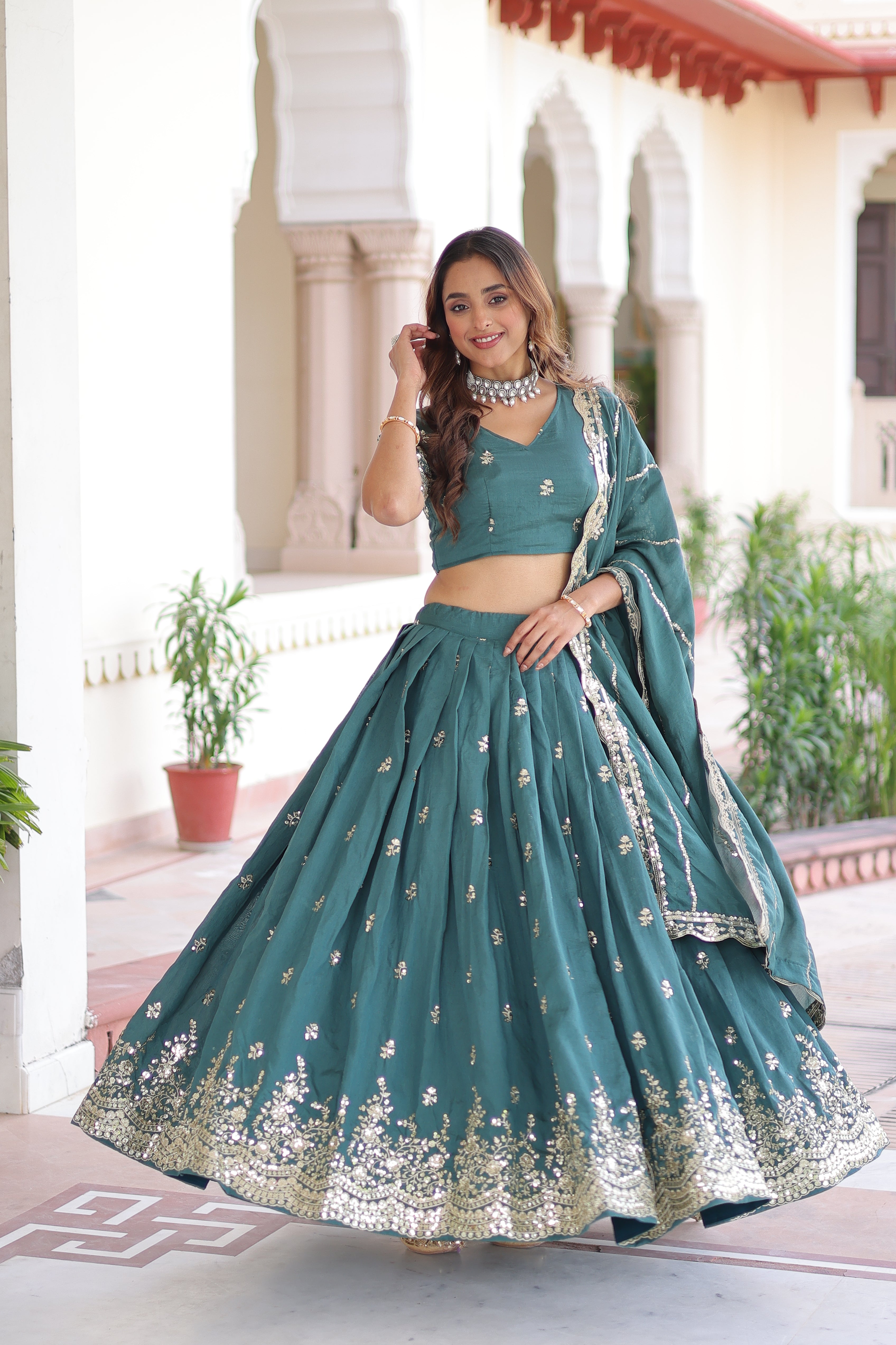 TILTON WEDDING SPECIAL VICHITRA SILK SEQUINS AND ZARI EMBROIDERED LEHENGA CHOLI WITH DUPATTA