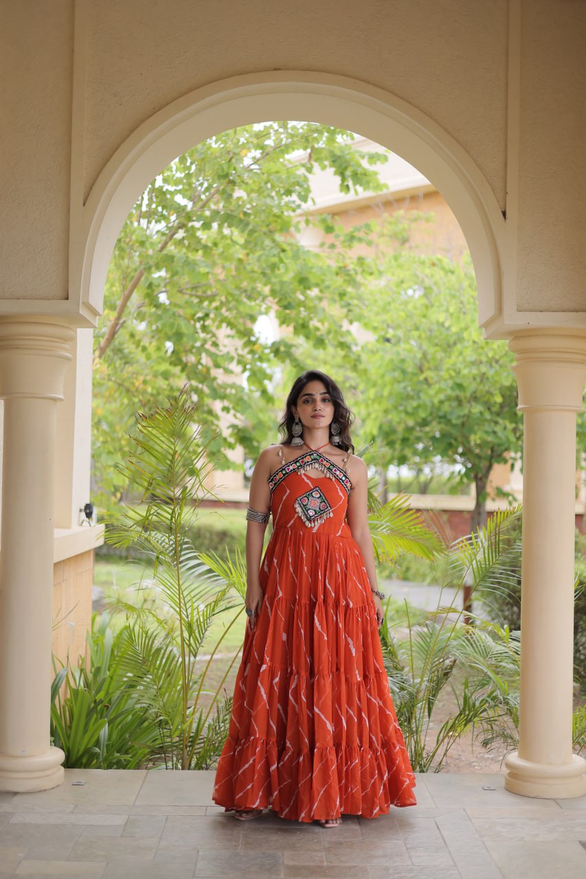 Premium Laheriya Print Kutchi Patchwork Garba Wear Gown

