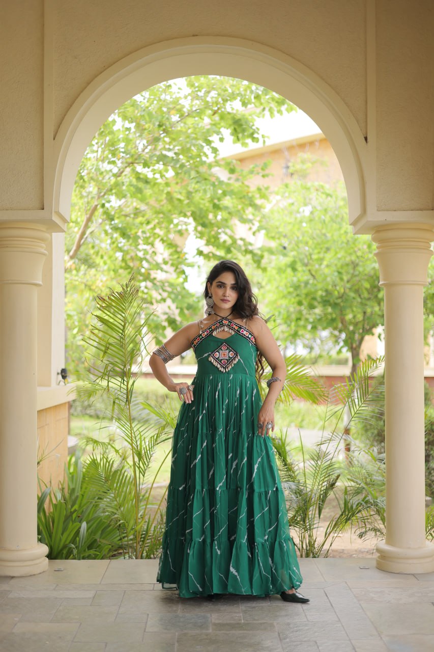 Premium Laheriya Print Kutchi Patchwork Garba Wear Gown
