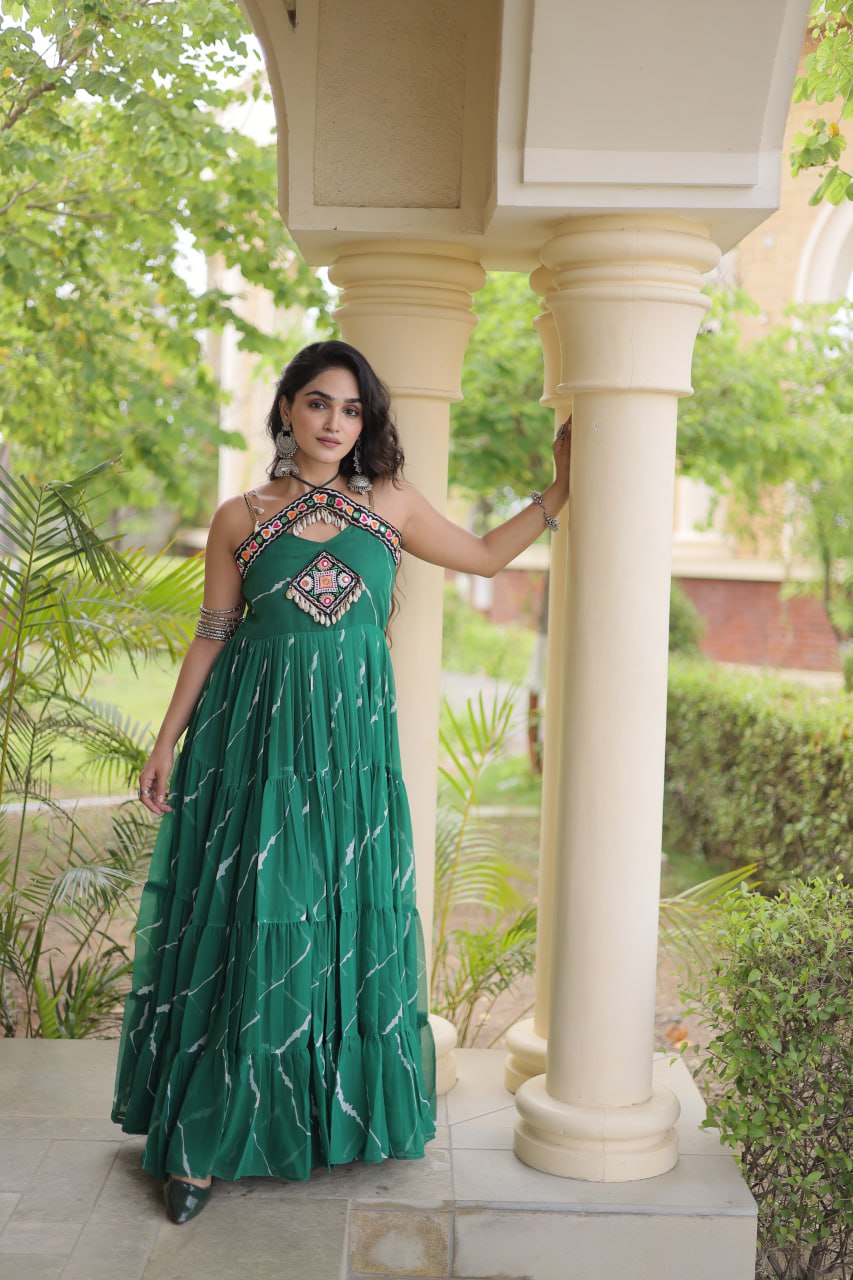 Premium Laheriya Print Kutchi Patchwork Garba Wear Gown
