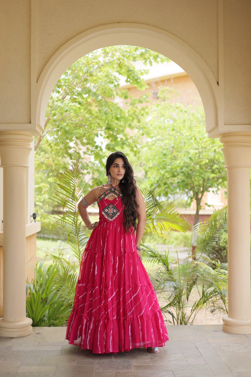 Premium Laheriya Print Kutchi Patchwork Garba Wear Gown
