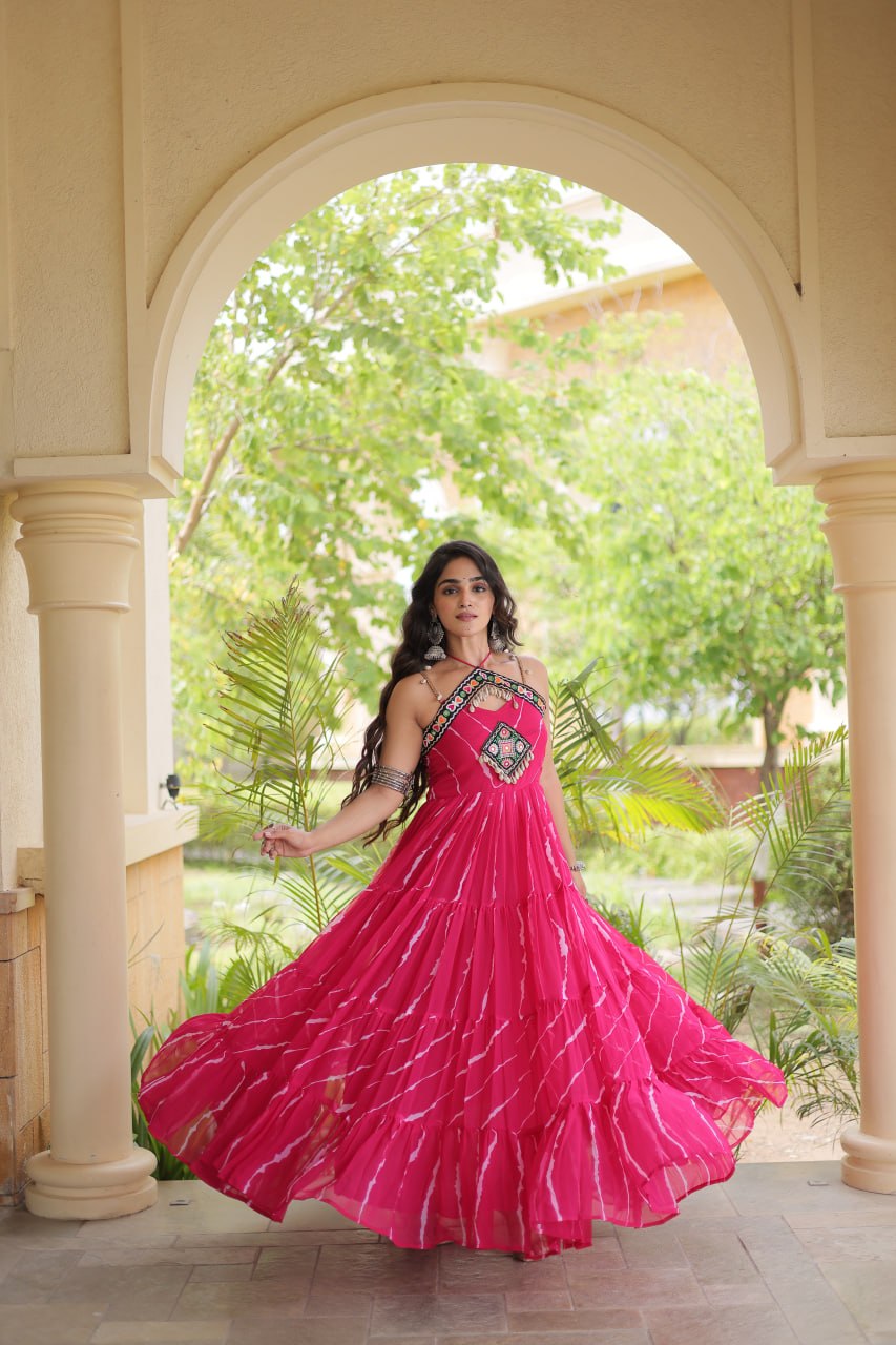 Premium Laheriya Print Kutchi Patchwork Garba Wear Gown
