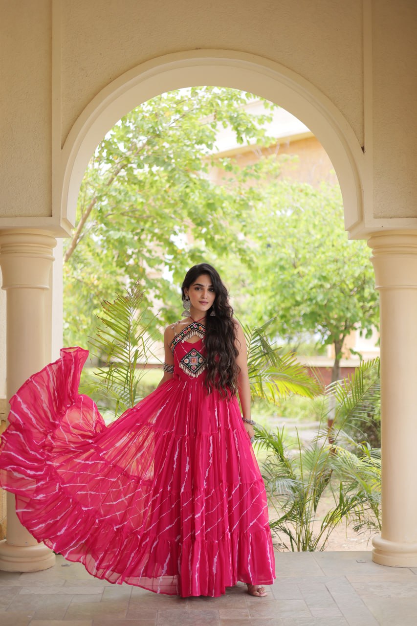 Premium Laheriya Print Kutchi Patchwork Garba Wear Gown
