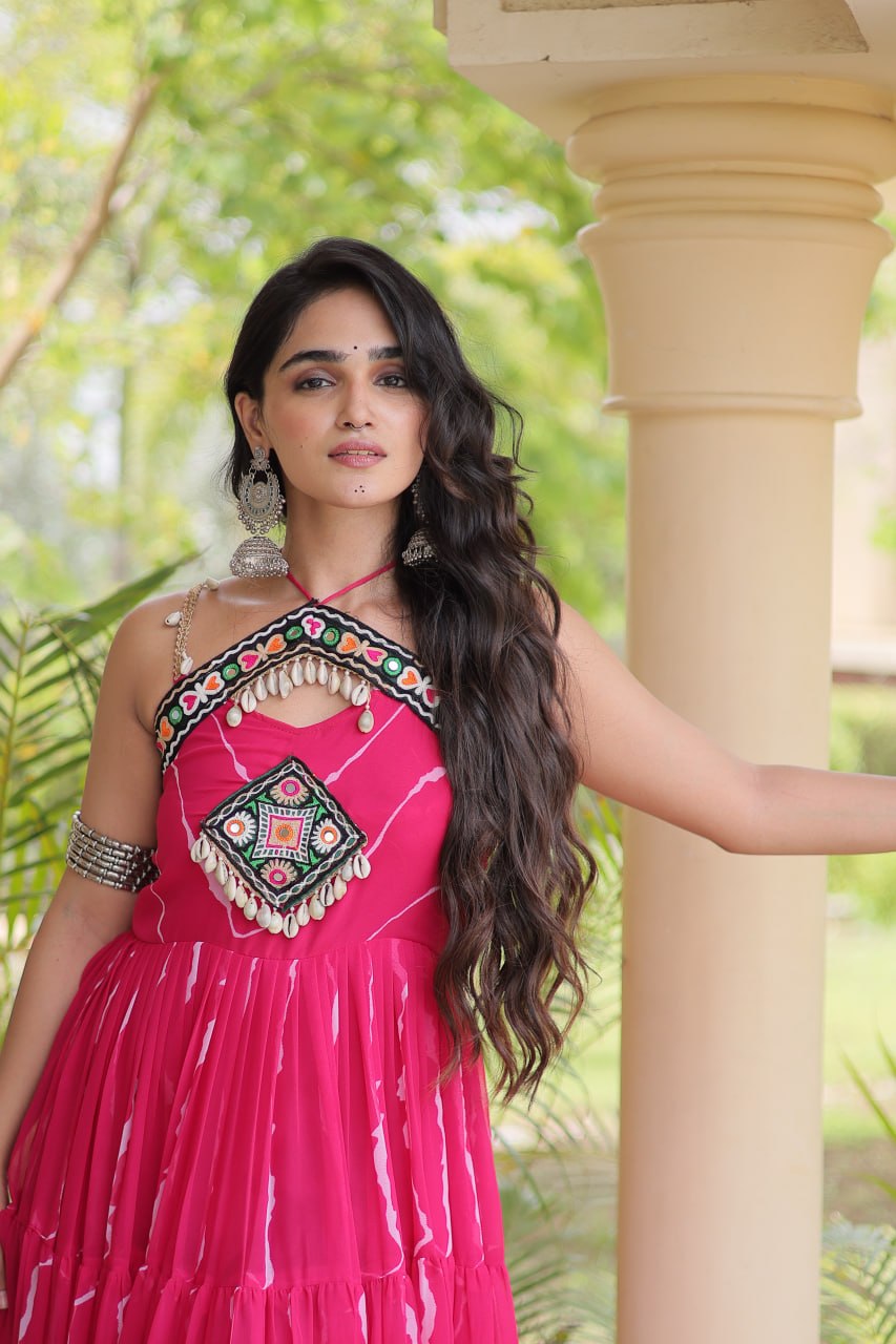 Premium Laheriya Print Kutchi Patchwork Garba Wear Gown
