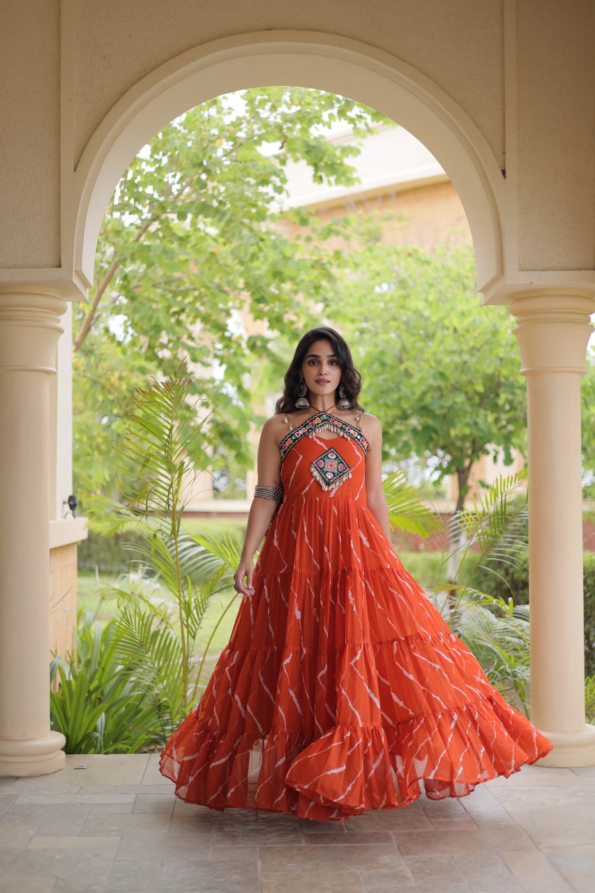 Premium Laheriya Print Kutchi Patchwork Garba Wear Gown

