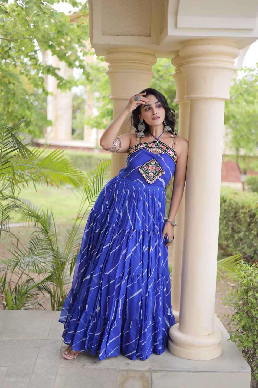 Premium Laheriya Print Kutchi Patchwork Garba Wear Gown
