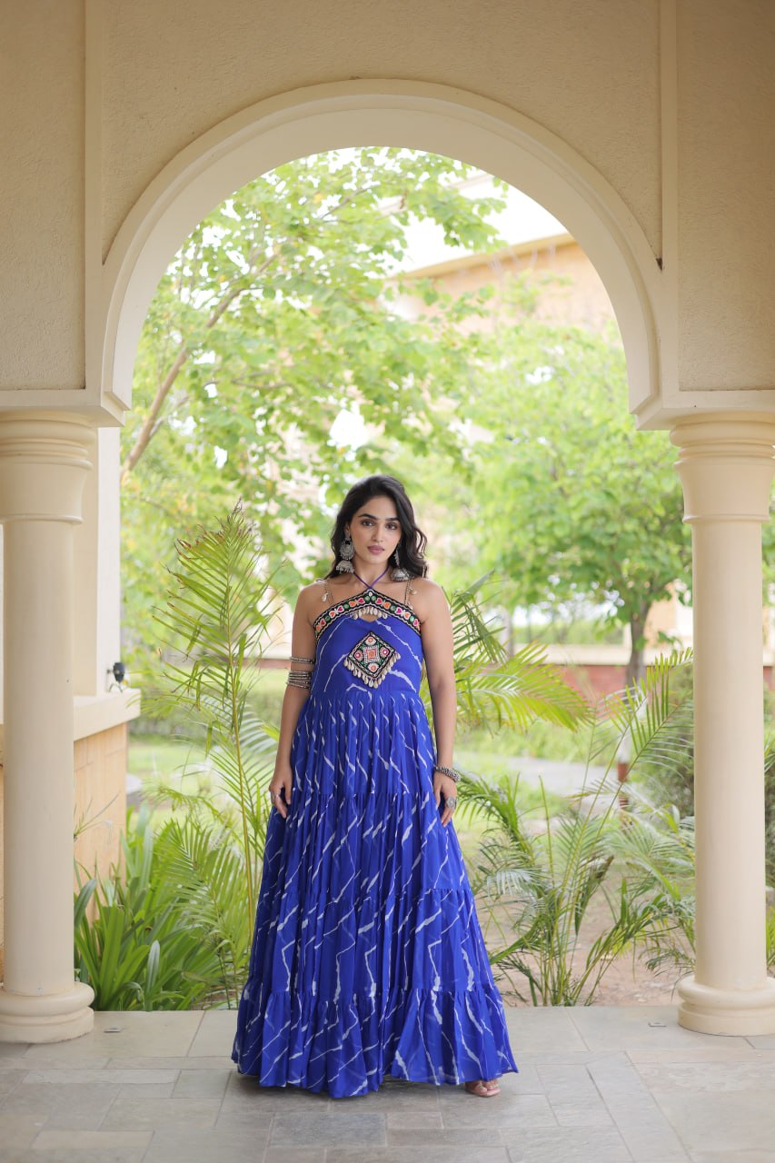 Premium Laheriya Print Kutchi Patchwork Garba Wear Gown
