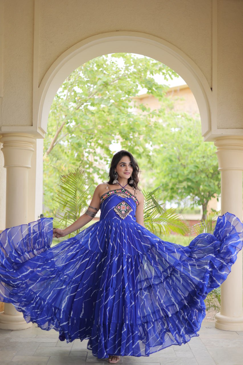 Premium Laheriya Print Kutchi Patchwork Garba Wear Gown
