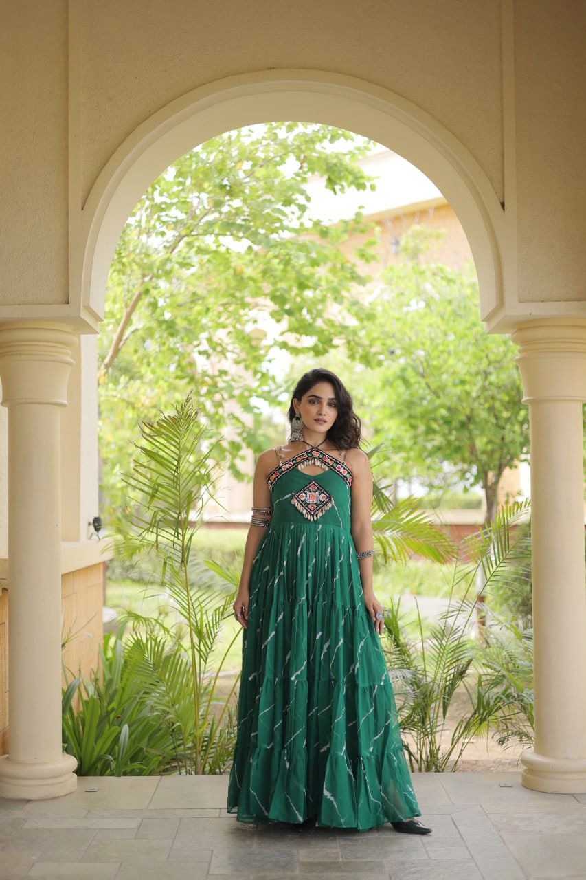 Premium Laheriya Print Kutchi Patchwork Garba Wear Gown
