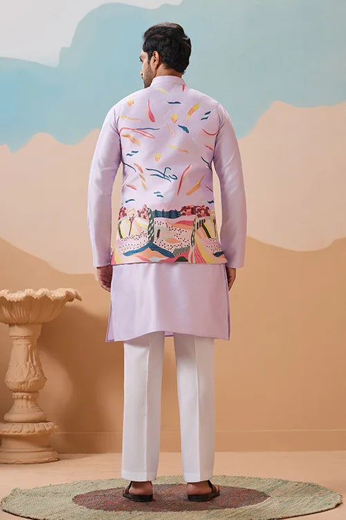 Lavender Wedding Carnival Koti Kurta Set for Mens