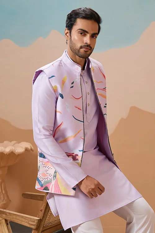 Lavender Wedding Carnival Koti Kurta Set for Mens