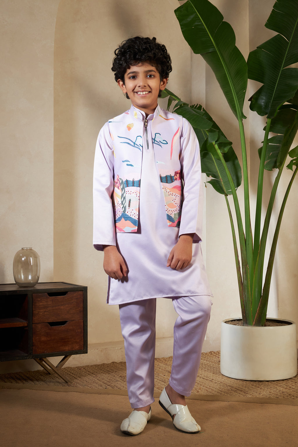 Lavender Embroidered Carnival Kurta-Jacket Set for Boys
