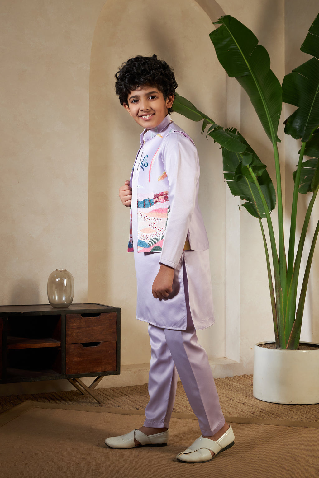 Lavender Embroidered Carnival Kurta-Jacket Set for Boys
