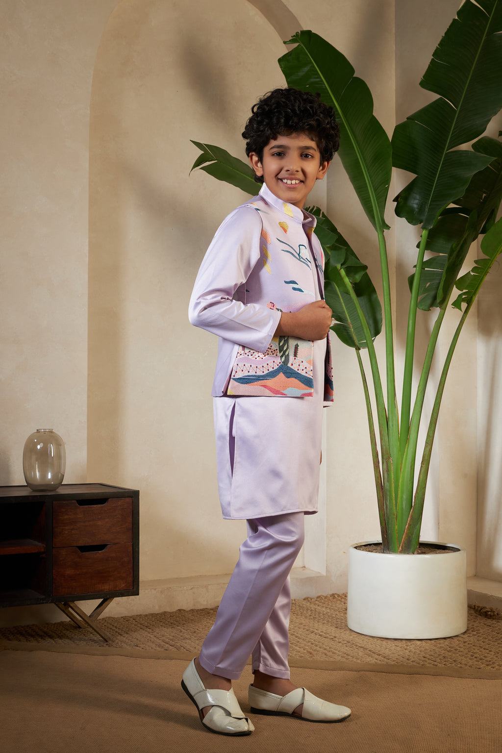 Lavender Embroidered Carnival Kurta-Jacket Set for Boys
