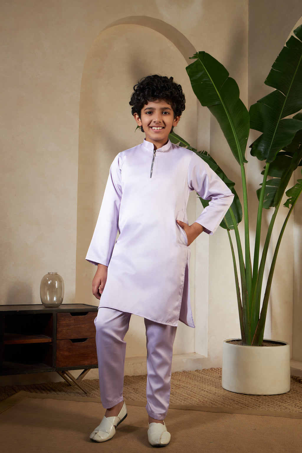 Lavender Embroidered Carnival Kurta-Jacket Set for Boys
