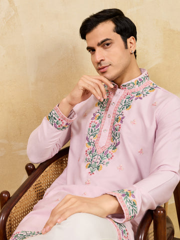 Premium Lavender Detailed Embroidered Ethnic Kurta Set with Pant
