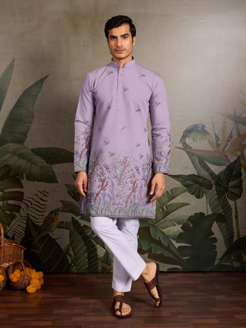 Premium Lavender Embroidered Kurta for Mens Wear

