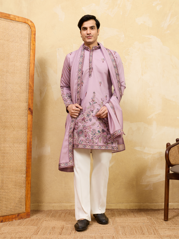 Elegant Lavender Embroidered Kurta with Dupatta for Men
