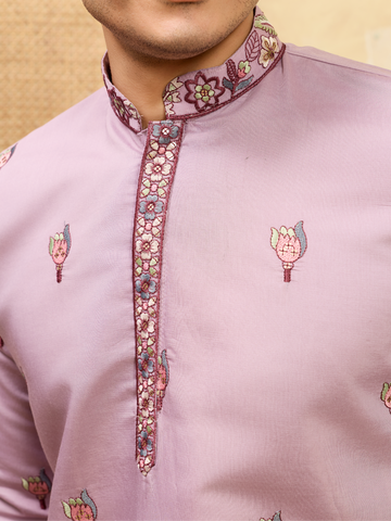 Elegant Lavender Embroidered Kurta with Dupatta for Men
