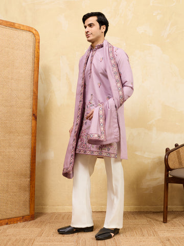 Elegant Lavender Embroidered Kurta with Dupatta for Men
