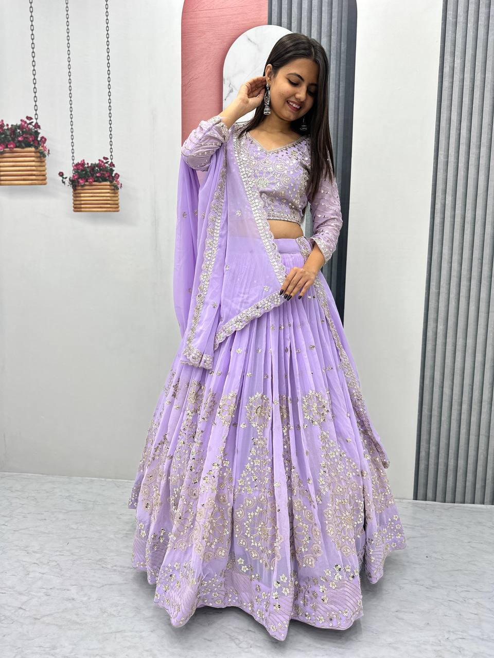 Heavy Sequence & Thread Work Lavender Georgette Ready to Wear Lehenga Choli Set
