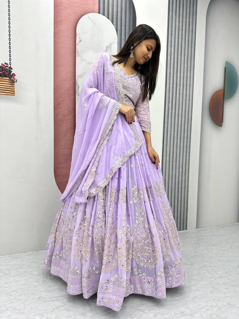 Heavy Sequence & Thread Work Lavender Georgette Ready to Wear Lehenga Choli Set
