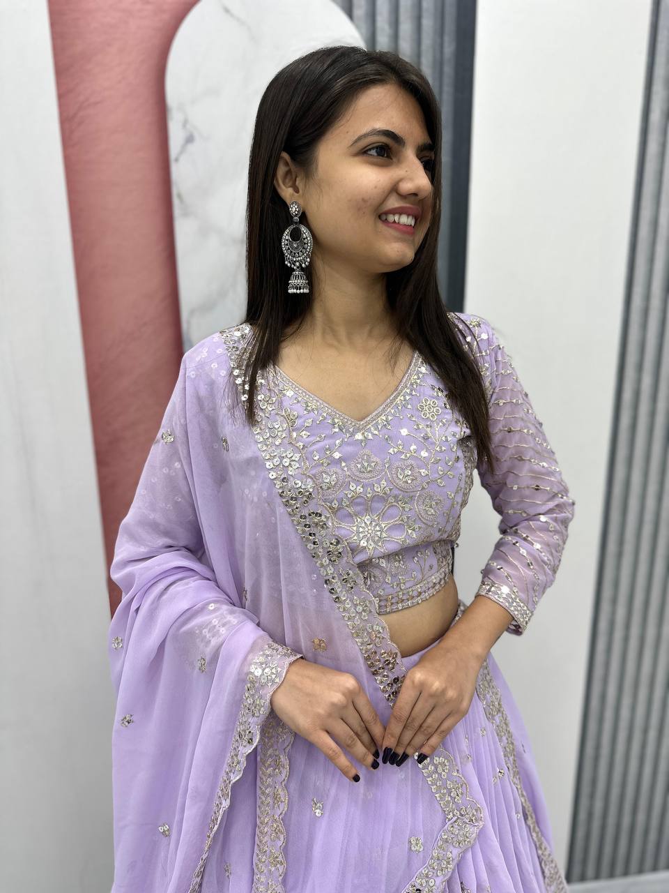 Heavy Sequence & Thread Work Lavender Georgette Ready to Wear Lehenga Choli Set
