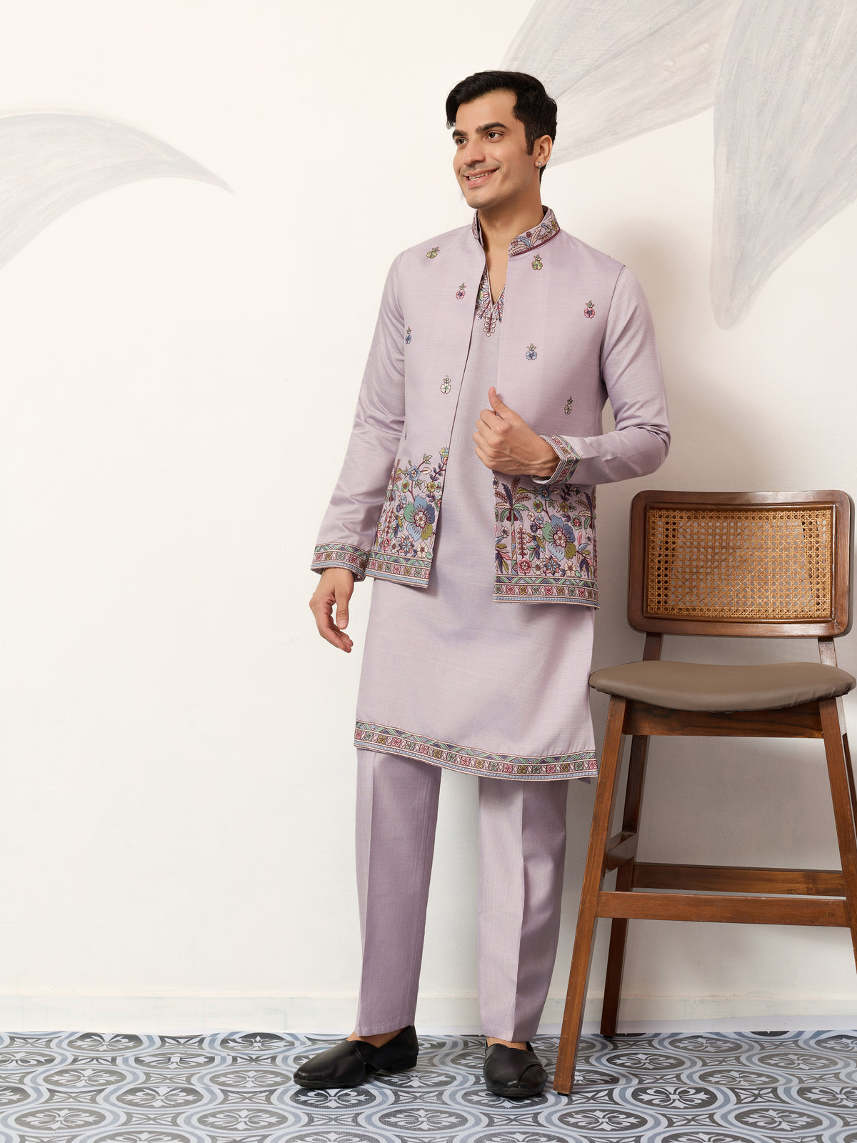 Indian Traditional Dusty Lavender Koti Kurta Pant Wedding Set