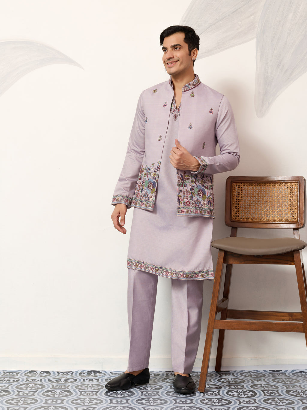 Indian Traditional Dusty Lavender Koti Kurta Pant Wedding Set
