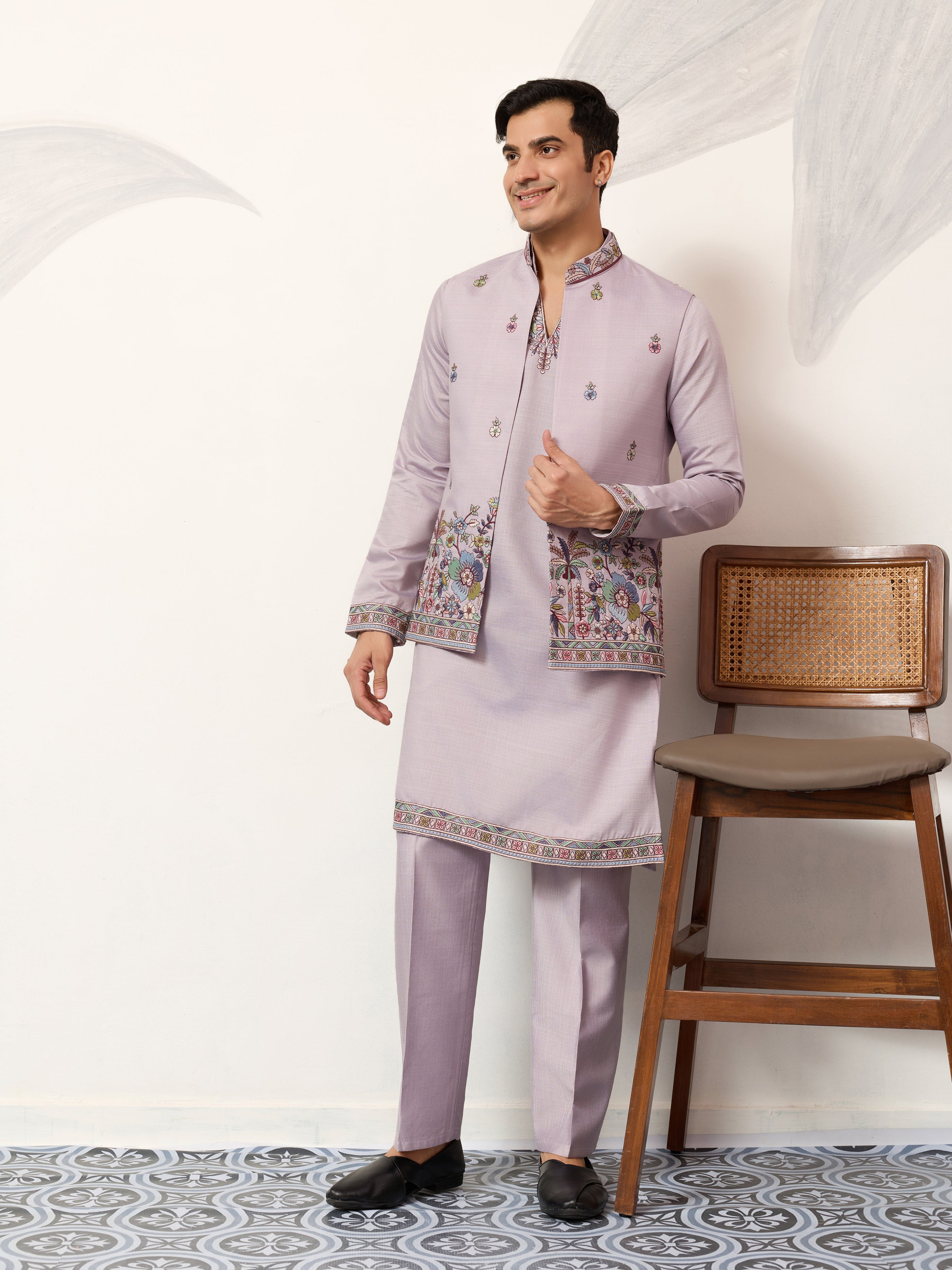 Indian Traditional Dusty Lavender Koti Kurta Pant Wedding Set
