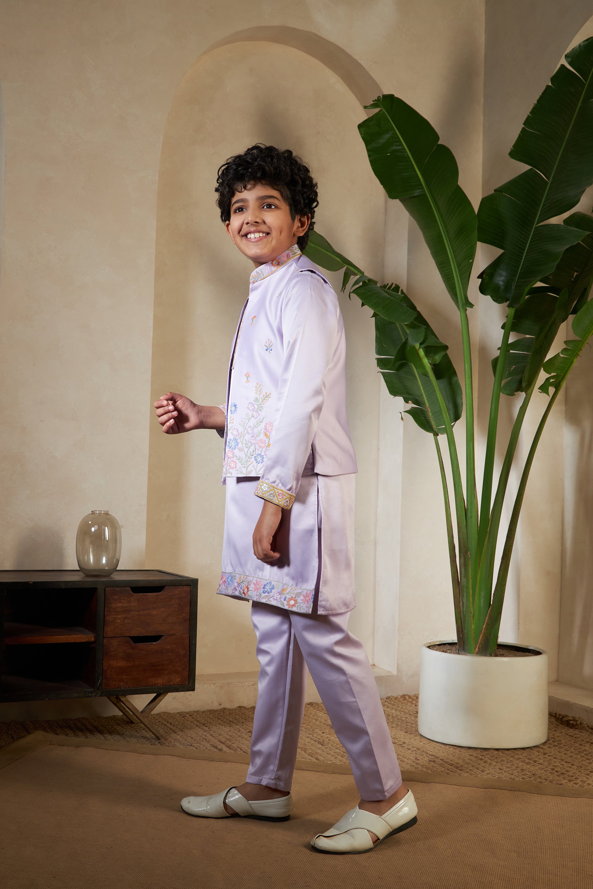 Festival Wear Lavender Kurta Koti Set For Kids
